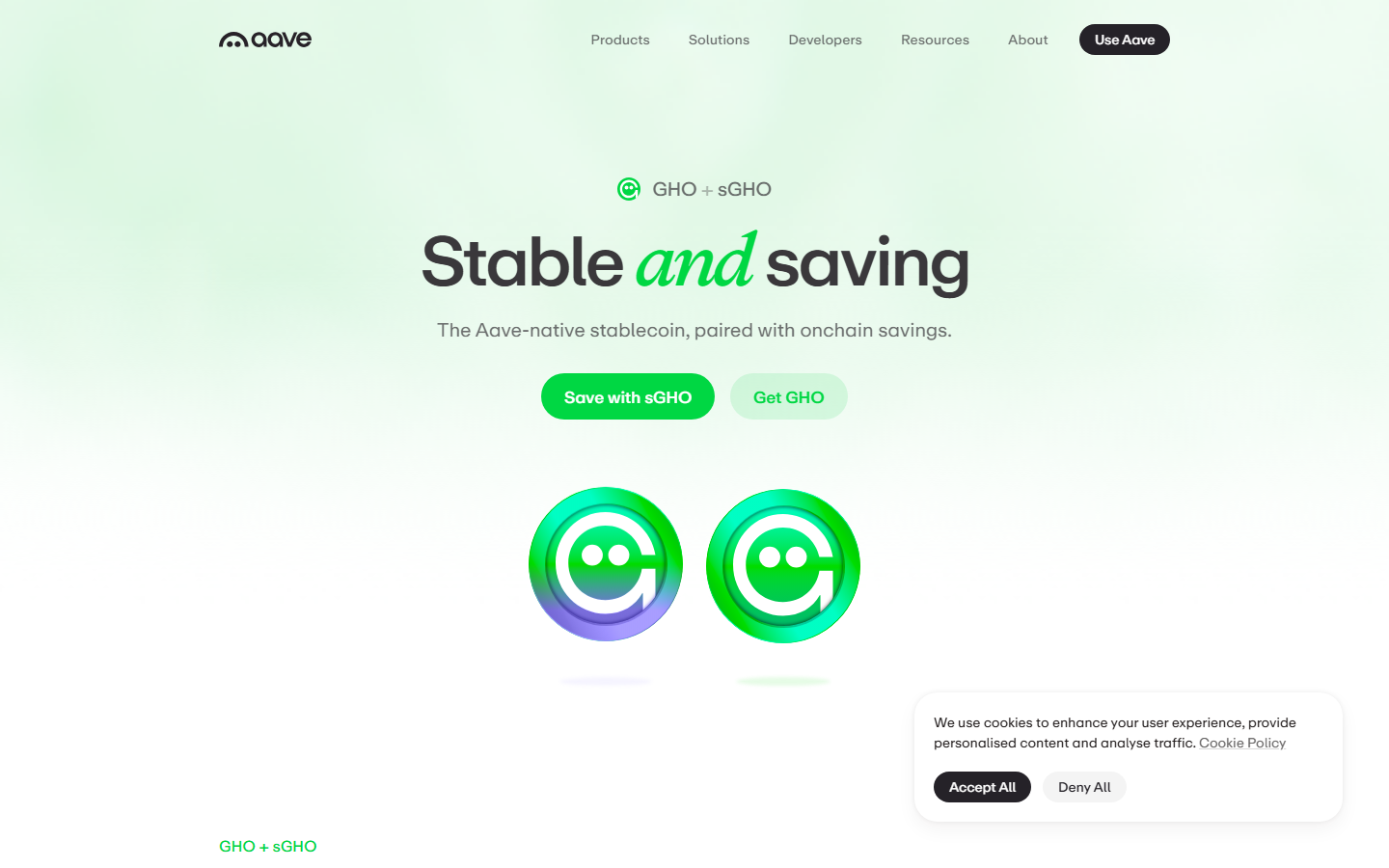 Aave GHO stablecoin page showing decentralized stablecoin minting, collateral requirements, and Aave ecosystem integration