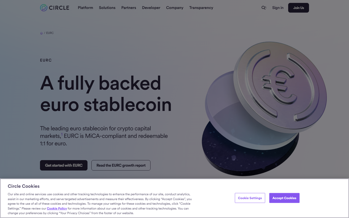 Circle EURC homepage showing euro-backed stablecoin product, regulated issuer structure, and European market positioning