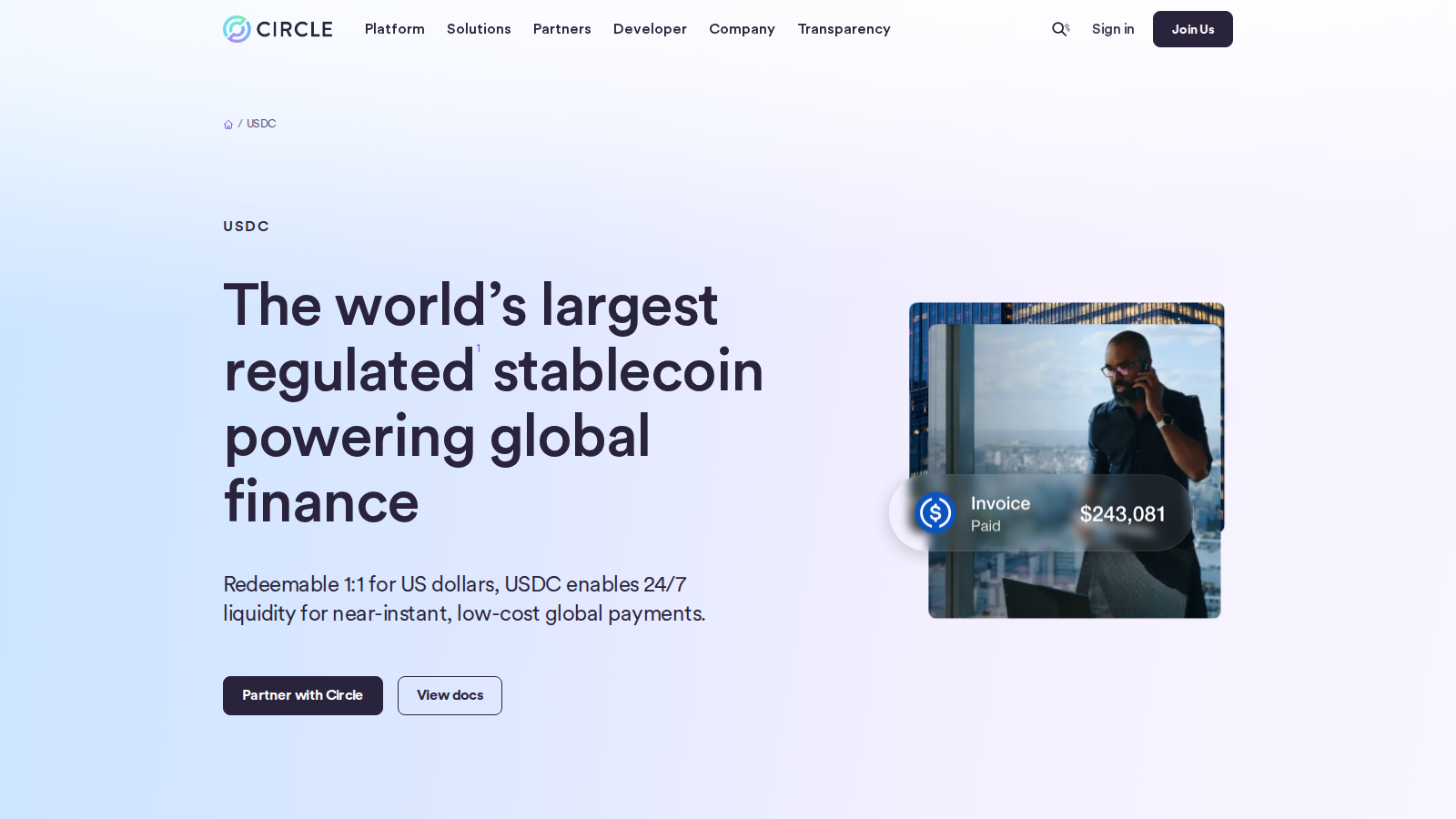 Circle USDC homepage showing dollar-backed stablecoin product, reserve transparency, and mainstream exchange integrations