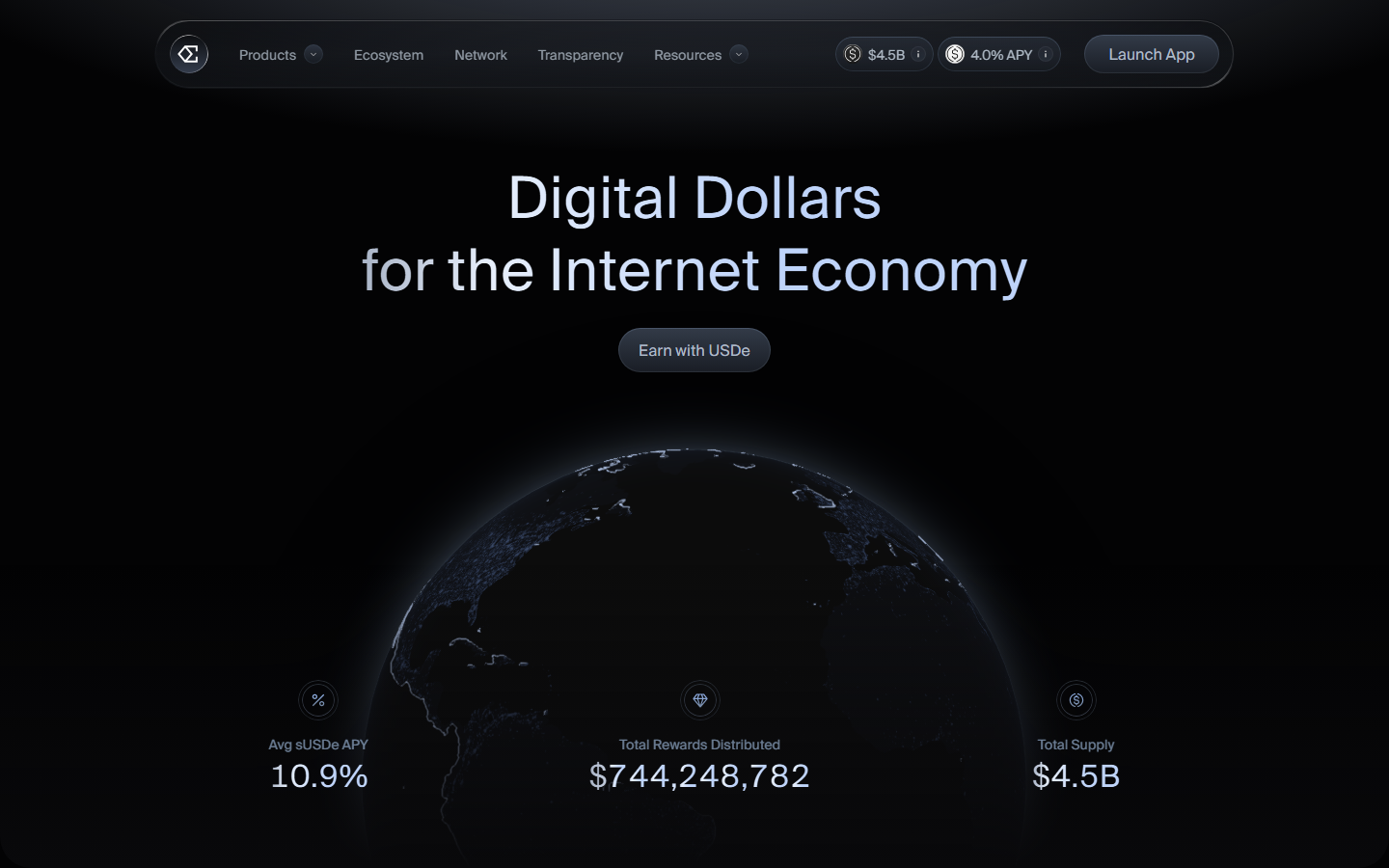 Ethena USDe homepage showing synthetic dollar product, yield mechanics, and hedged trading design