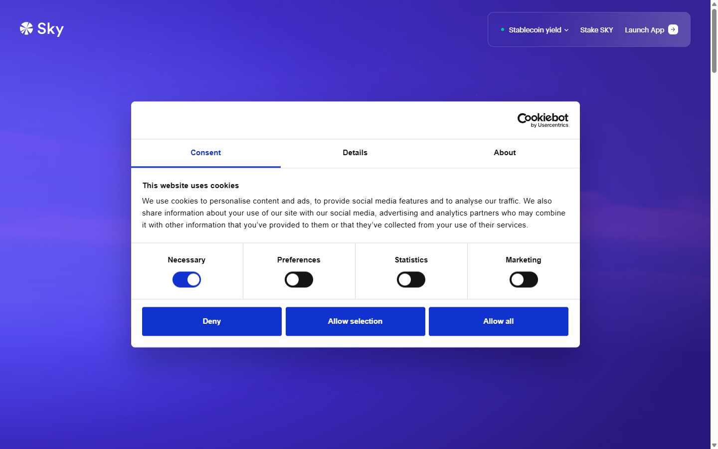 Sky Money homepage showing USDS stablecoin, Sky Savings Rate, and staked USDS yield