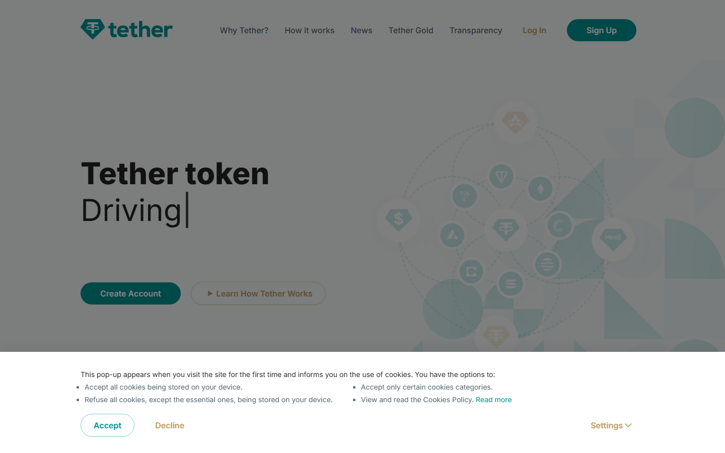 Tether homepage showing USDT stablecoin product, global liquidity positioning, and reserve information
