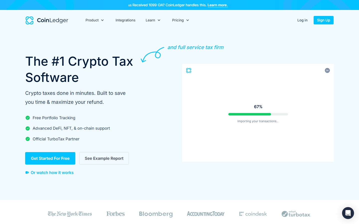 CoinLedger homepage showing crypto tax reporting product, exchange integrations, and free report preview options