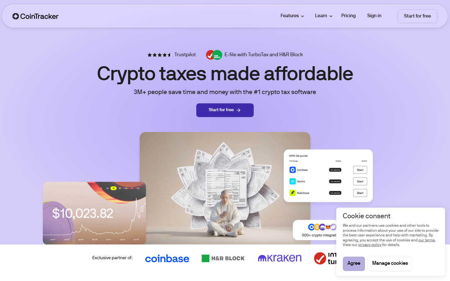 CoinTracker homepage showing portfolio tracking, tax optimization tools, and Coinbase integration
