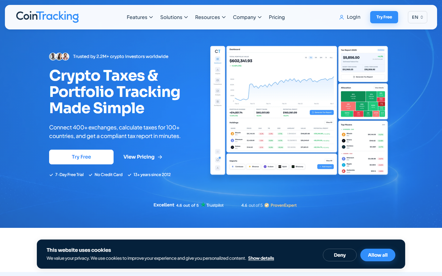 CoinTracking homepage showing advanced trading analytics, historical database tools, and professional tax reporting options