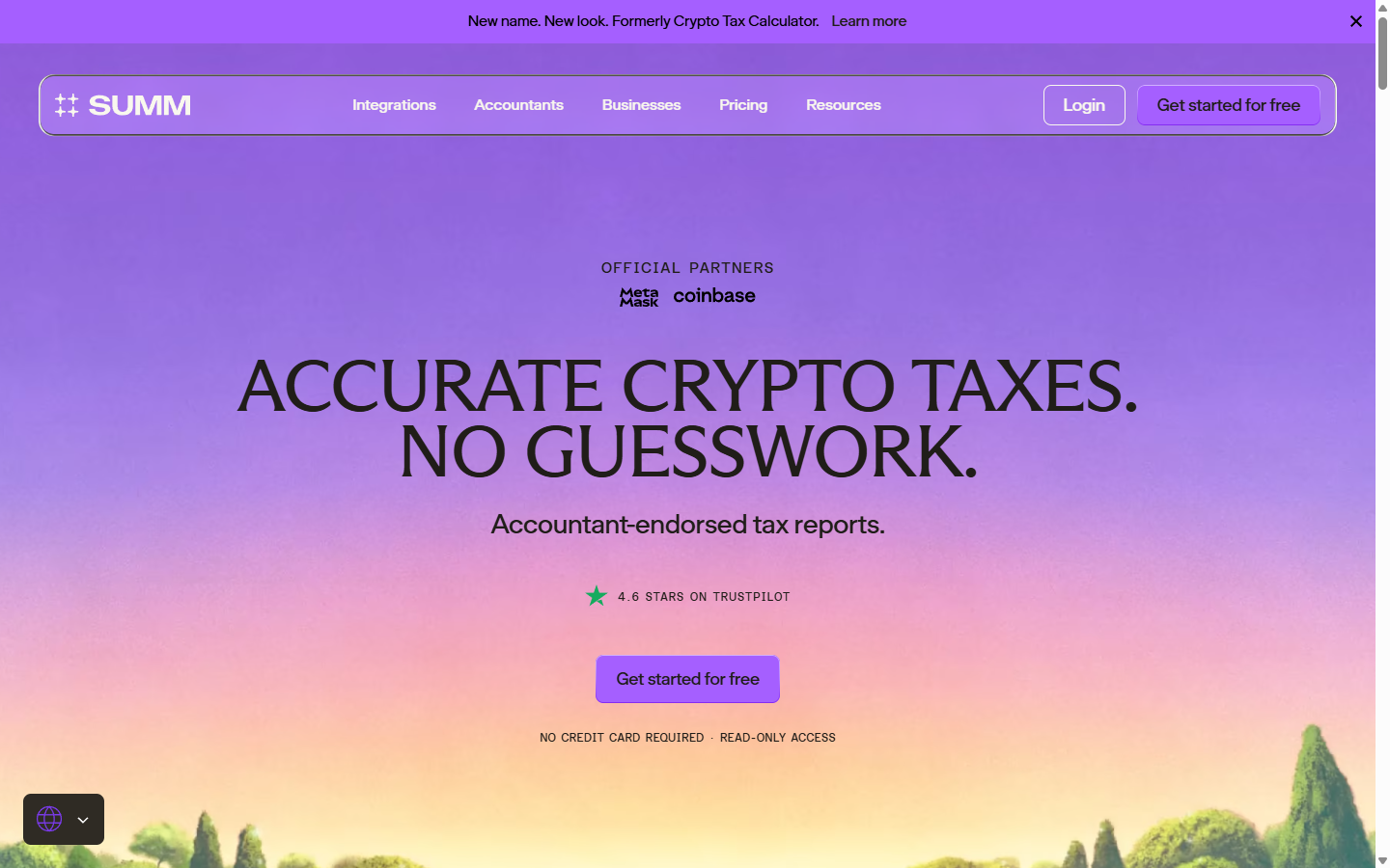 Crypto Tax Calculator homepage showing DeFi tax tools, smart contract decoding, and multichain wallet integrations