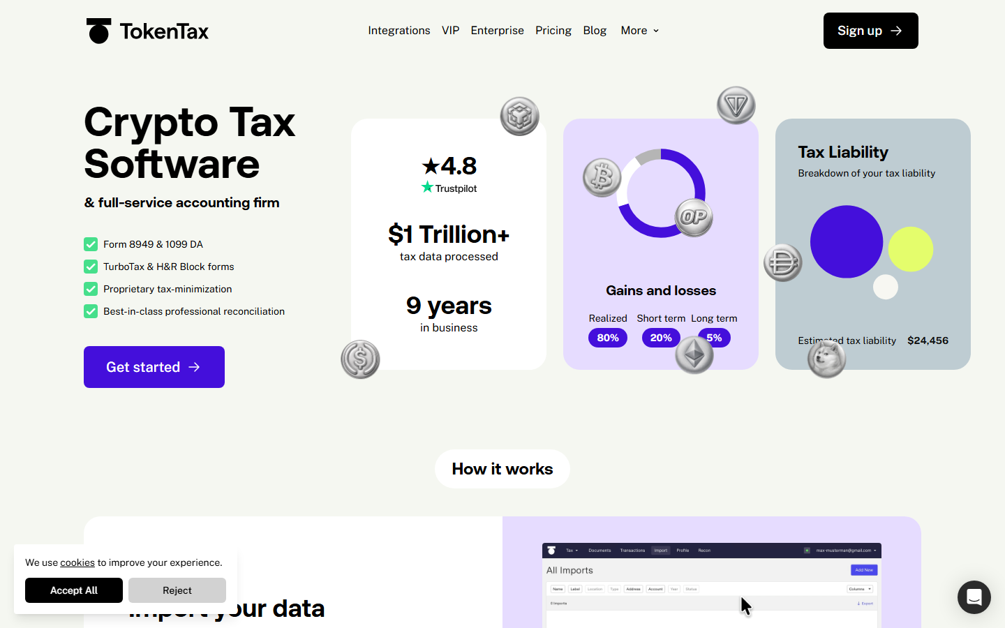 TokenTax homepage showing crypto tax software with CPA services, DeFi tax tools, and high-complexity filing support