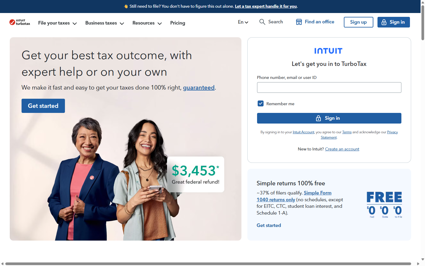 TurboTax homepage showing online tax filing products, crypto import options, and guided filing flow