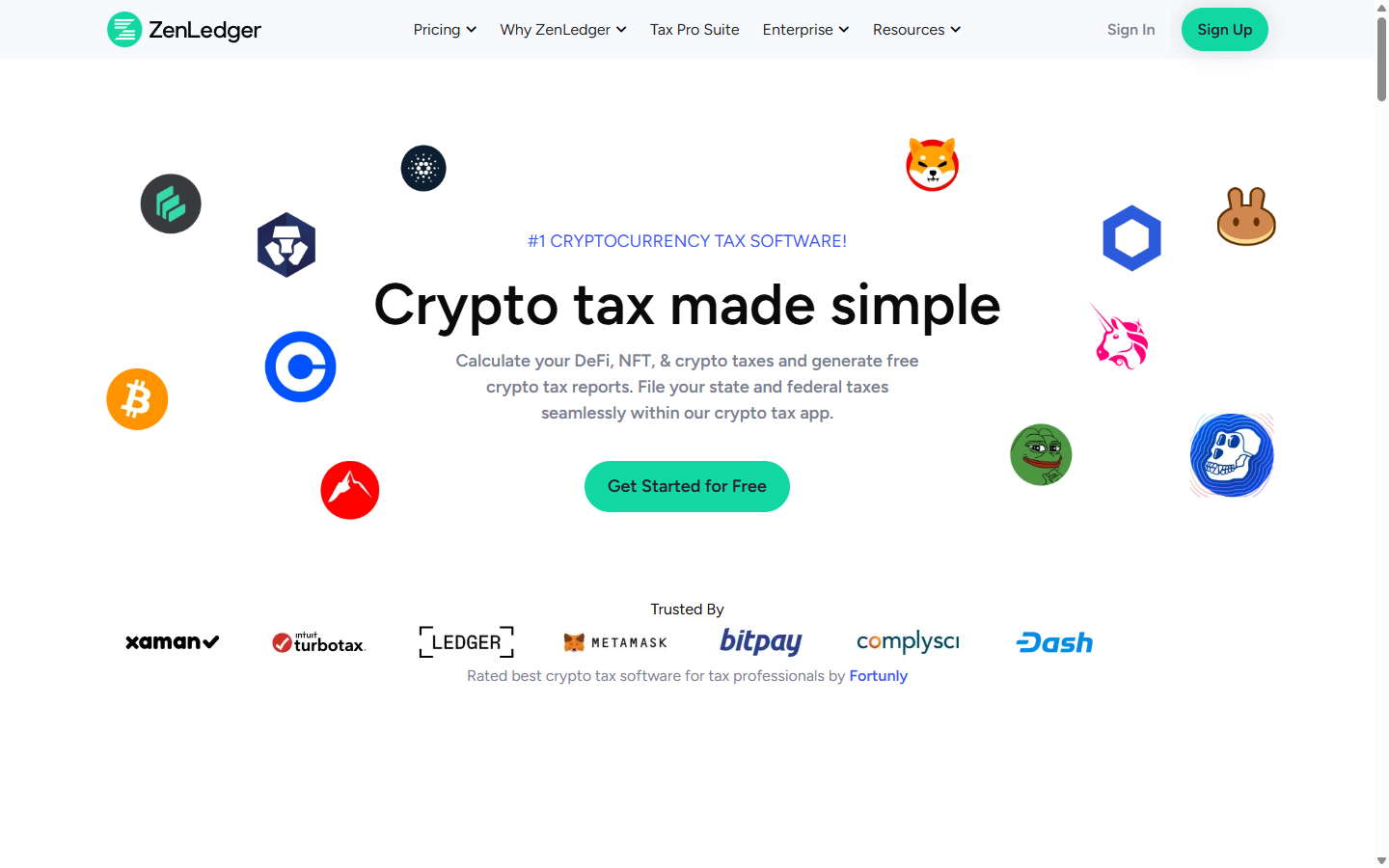 ZenLedger homepage showing crypto tax reporting, exchange integrations, and TurboTax filing options