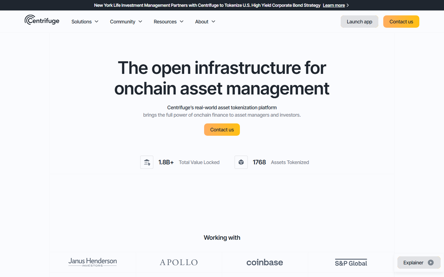 Centrifuge homepage showing tokenized credit pools, business financing, and CFG token ecosystem