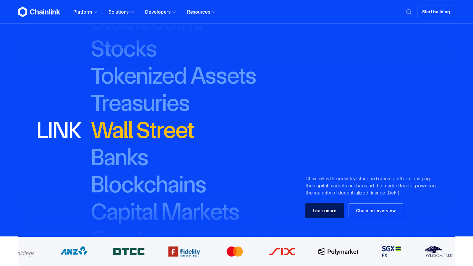 Chainlink homepage showing Proof of Reserve, CCIP, and infrastructure for tokenized real-world assets