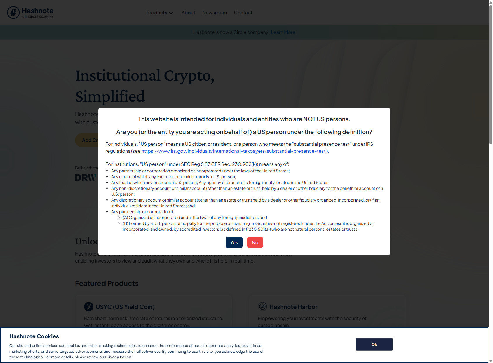 Hashnote homepage showing institutional cash management, blockchain-based Treasury products, and professional allocator interface