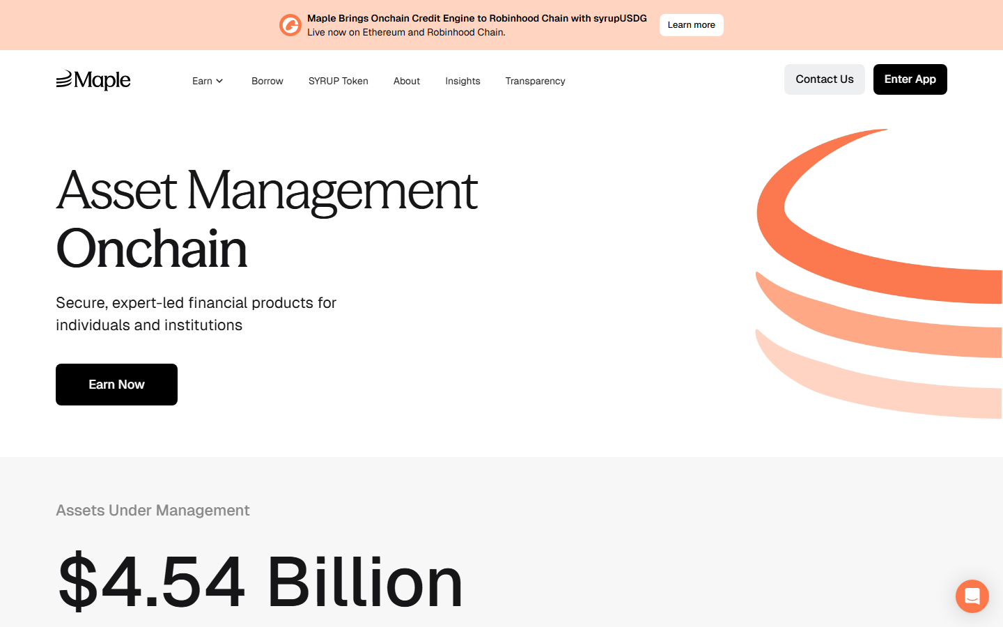 Maple Finance homepage showing institutional lending pools, managed credit products, and blockchain-based borrowing markets