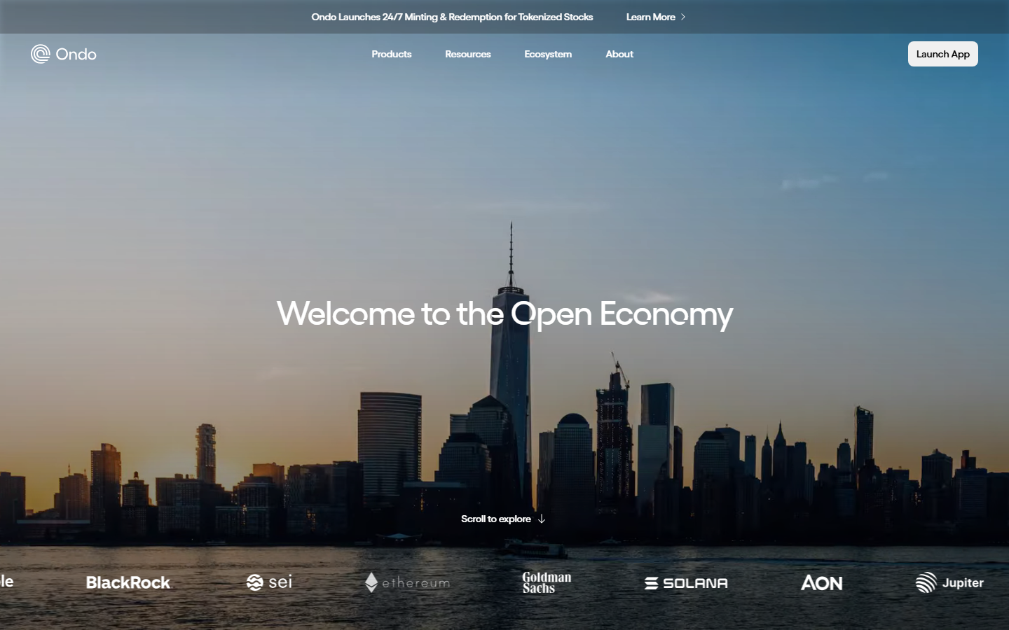 Ondo Finance homepage showing tokenized Treasury yield products and access-focused onboarding for crypto users