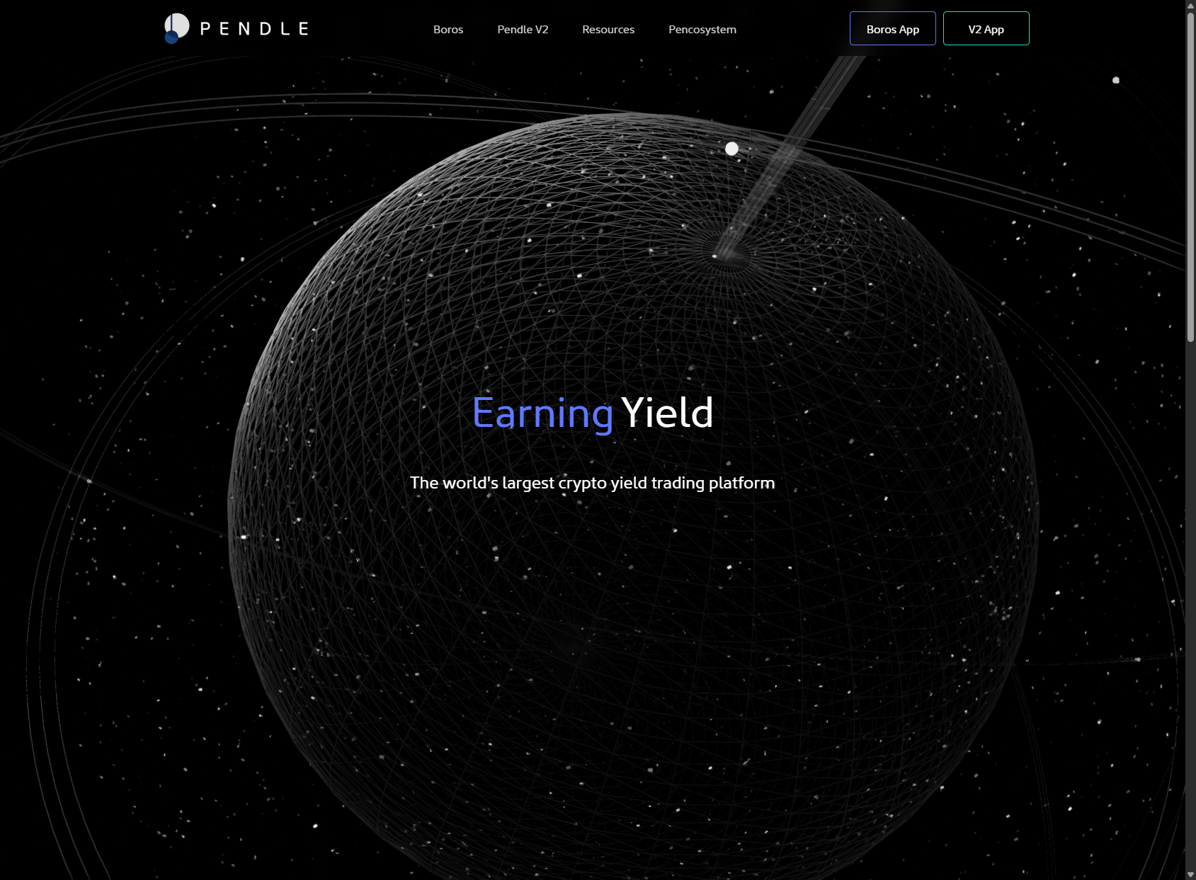 Pendle Finance homepage showing yield trading protocol, tokenized yield markets, and DeFi rate trading interface