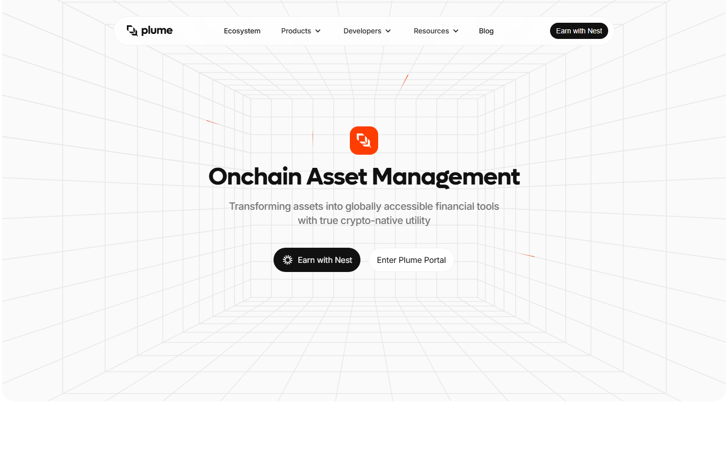 Plume Network homepage showing blockchain infrastructure for tokenized asset launches, compliance rails, and RWA builders