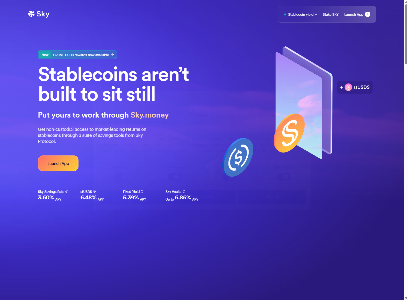 Sky Money homepage showing DAI and USDS stablecoin ecosystem with real-world asset collateral and DeFi savings rates