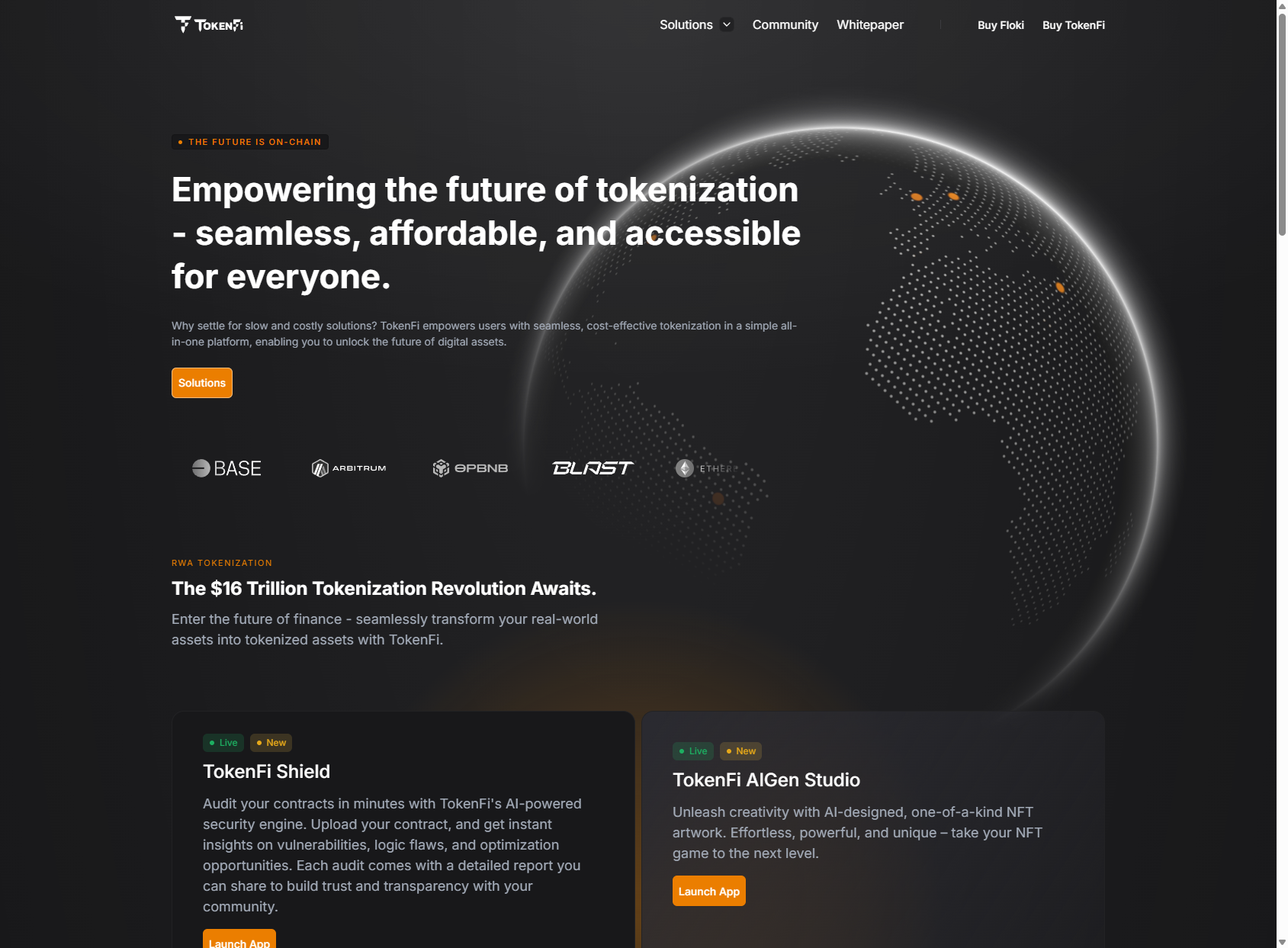 TokenFi homepage showing no-code tokenization tools, retail asset launch features, and TOKEN ecosystem